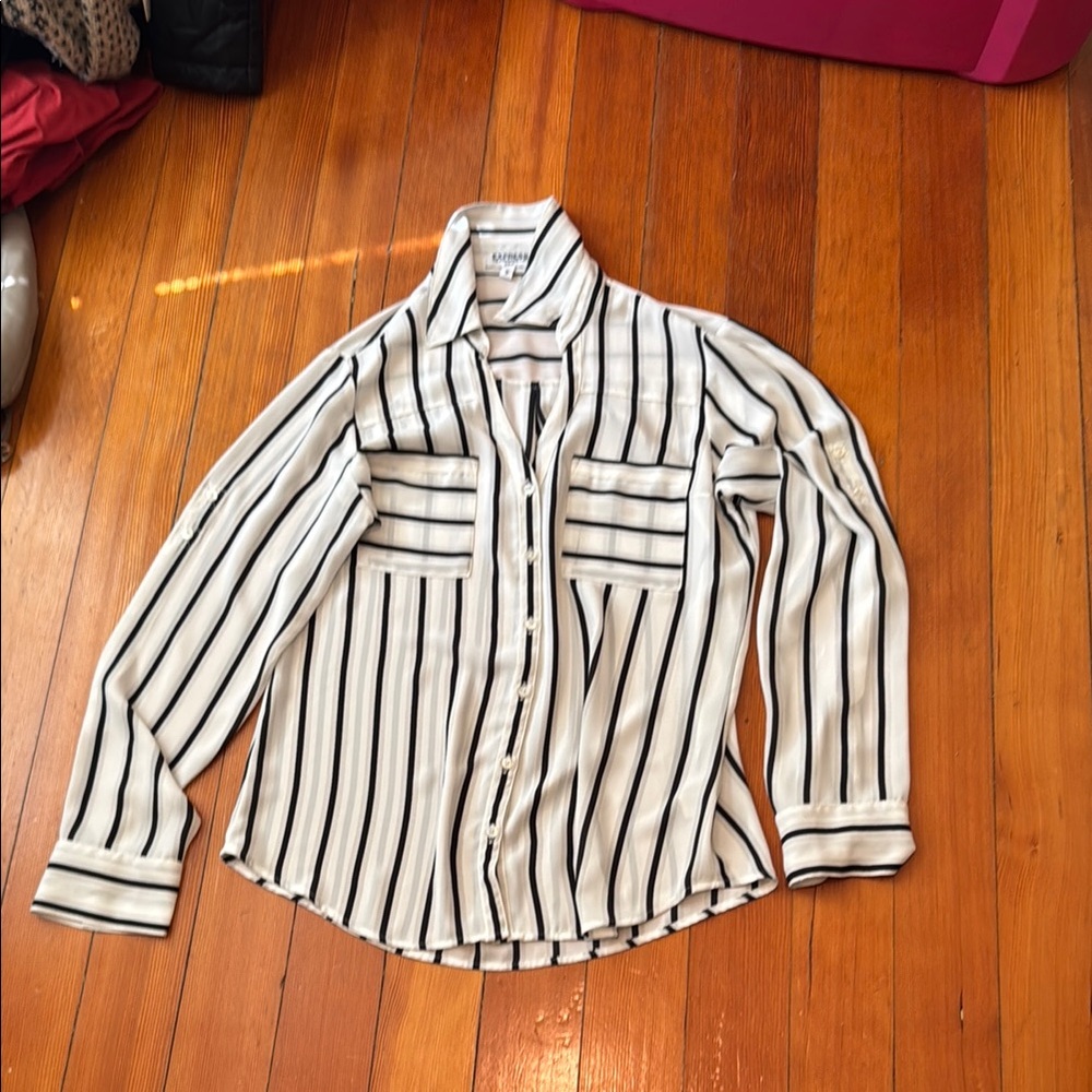 Express Monochrome Striped Button-Up Blouse